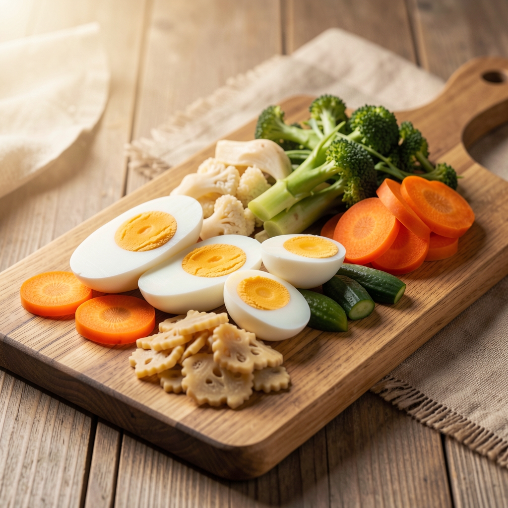 Drvena daska sa šargarepom, jajima i lisnatim povrćem koji predstavljaju izvore vitamina A i cinka u ishrani