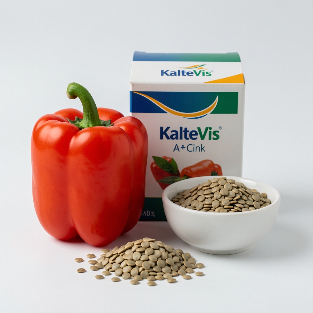 Narandžasta paprika, sjemenke bundeve i mala zdjela uz ambalažu KalteVis A+Cink u studijskom svjetlu